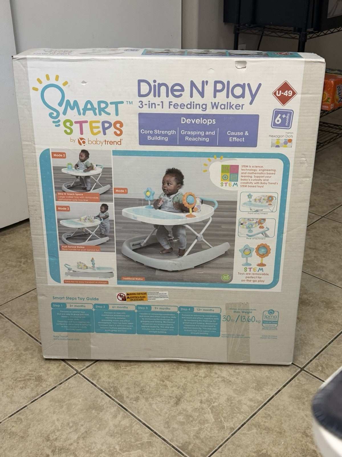 Baby Trend Smart Steps Dine N' Play 3-in-1 Feeding Walker, 6+ Months White/Blue