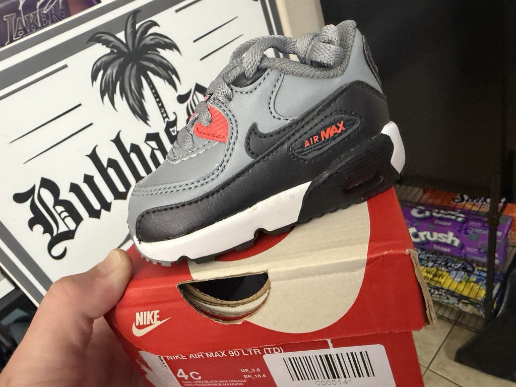 Nike Air Max 90 LTR (TD) Toddler Sneaker 4C Gray Black Orange Leather